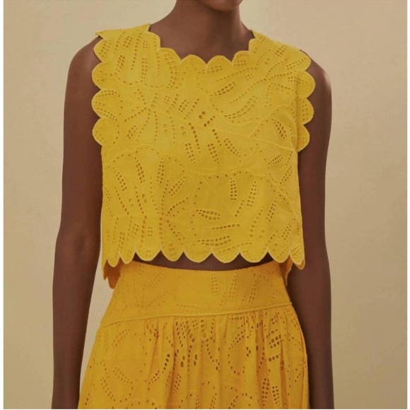 FARM RIO Tops - FARM RIO monstera eyelet crop top in yellow